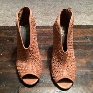 Vince Camuto Brown Woven Peep-Toe Booties